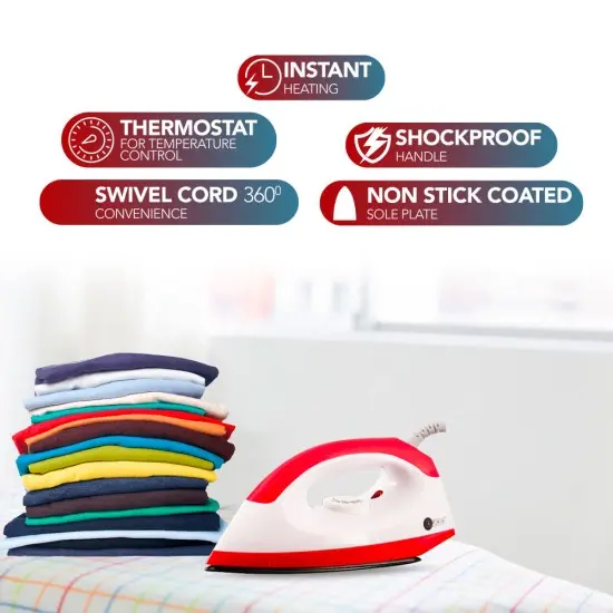 AFRA 1000W Dry Iron – Non-Stick Soleplate, Adjustable Temperature Control, White/Red - Image 6