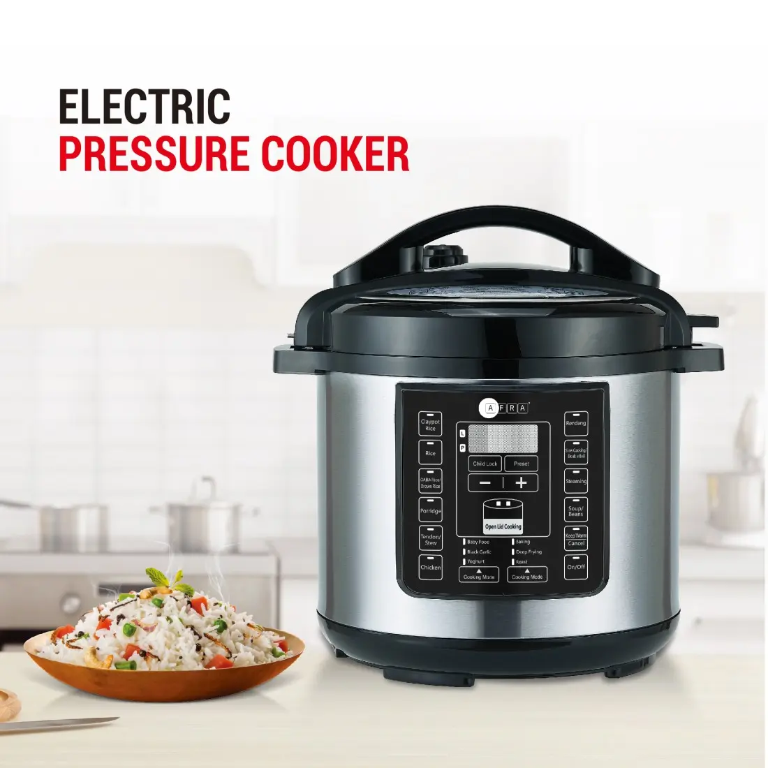 AFRA 12-in-1 Electric Pressure Cooker, 10L, 1300W, Stainless Steel, Silver – AF-1035PCSS - Image 6
