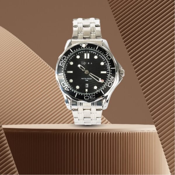 AFRA Navigator Gents Watch Silver Case Black Dial Silver Bracelet, Model: Af11703, 1-Year Warranty - Image 4