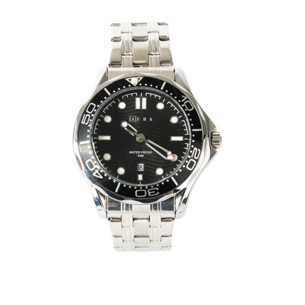 AFRA Navigator Gents Watch Silver Case Black Dial Silver Bracelet, Model: Af11703, 1-Year Warranty