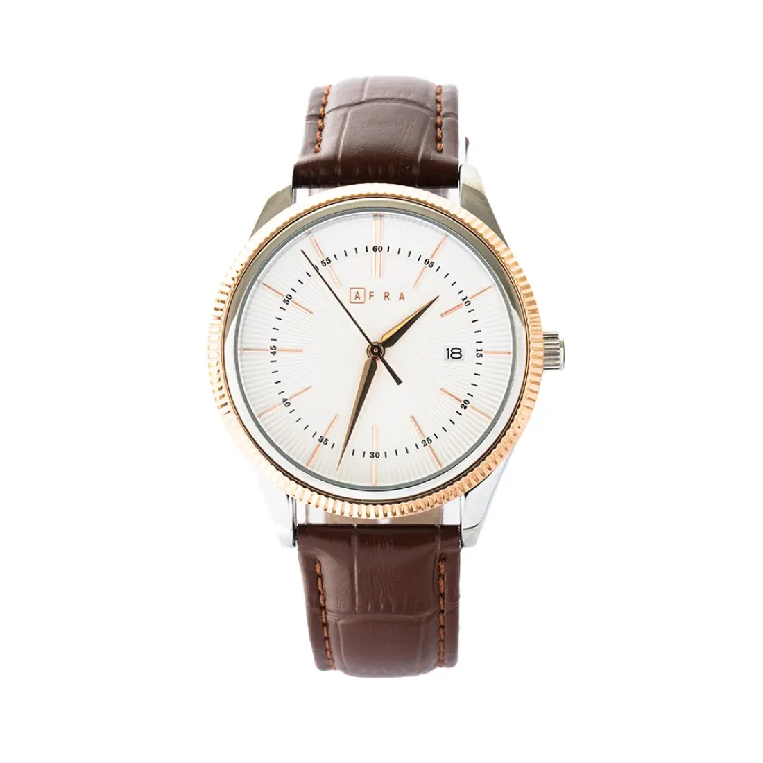 AFRA Elemental Gents Watch | Rose Gold Case | White Dial | Brown Leather Strap | AF11801