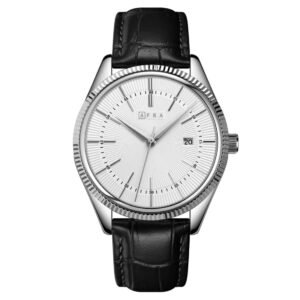 AFRA ELEMENTAL GENTS WATCH SILVER CASE BLACK DIAL BLACK LEATHER
