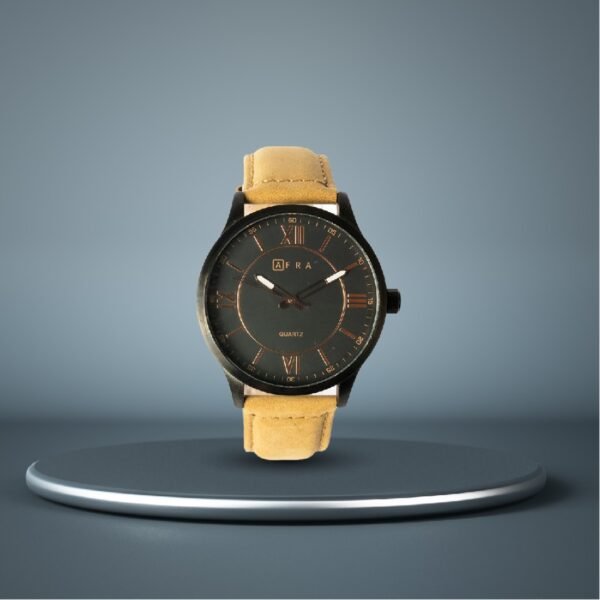 AFRA RETRONIC GENTS WATCH BLACK CASE BLACK DIAL LIGHT BROWN LEATHER - Image 3