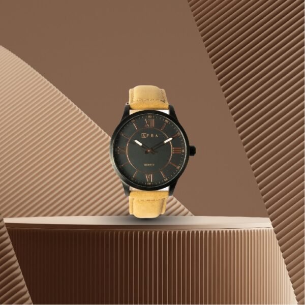 AFRA RETRONIC GENTS WATCH BLACK CASE BLACK DIAL LIGHT BROWN LEATHER - Image 2