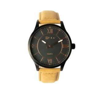 AFRA RETRONIC GENTS WATCH BLACK CASE BLACK DIAL LIGHT BROWN LEATHER