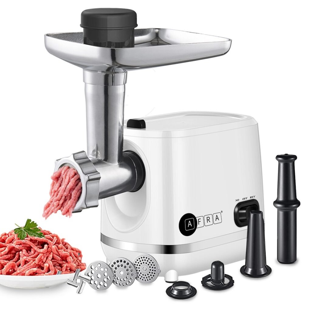 AFRA 1200W Meat Grinder (AF-1200MGWT) Including 3 cutting discs, stainless steel knife, sausage & kibbeh kit, durable aluminum body & 2-year warranty in uae