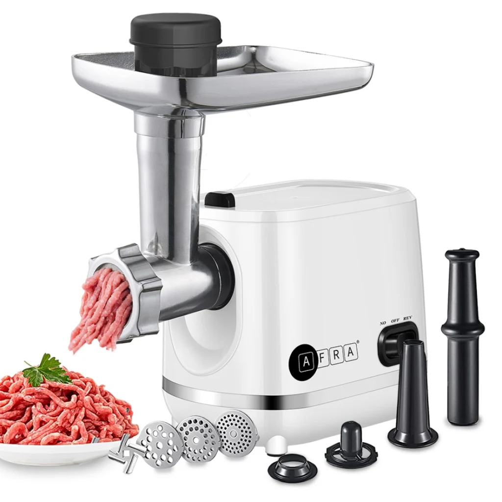 AFRA 1200W Meat Grinder (AF-1200MGWT) Including 3 cutting discs, stainless steel knife, sausage & kibbeh kit, durable aluminum body & 2-year warranty in uae
