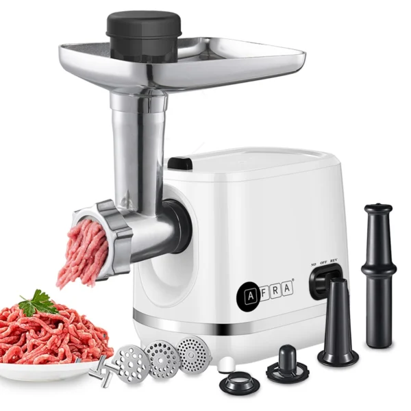 AFRA 1200W Meat Grinder (AF-1200MGWT) Including 3 cutting discs, stainless steel knife, sausage & kibbeh kit, durable aluminum body & 2-year warranty in uae