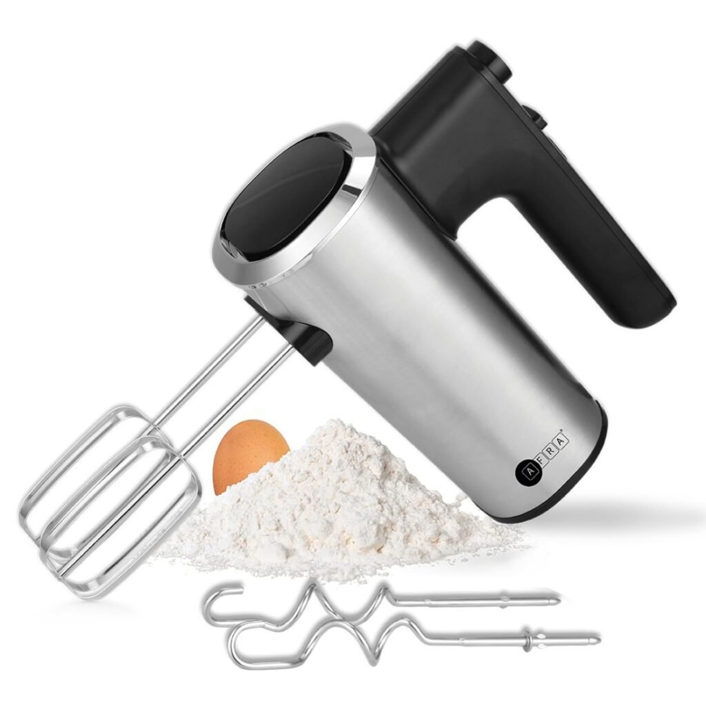 AFRA Stainless Steel Hand Mixer – 5-Speed with Turbo, Beaters & Dough Hooks