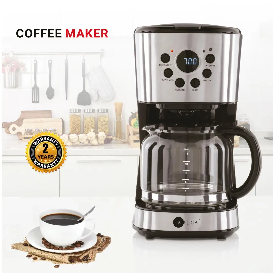 AFRA 1.5L Coffee Maker 900W, Stainless Steel, Anti-Drip, Auto Shut-Off – AF-15900CMKSS - Image 2