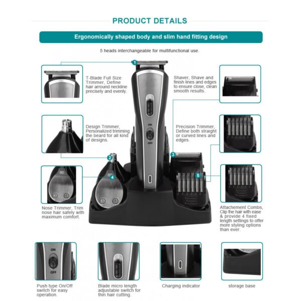 AFRA Hair Trimmer, AF-1600HTSB, 5 in 1 Set, Rechargeable, With Shaver, Precision Trimmer, Nose Trimmer, Design Trimmer and Full Trimmer, Charge Base, AF-1600HTSB, 1-year warranty. - Image 3