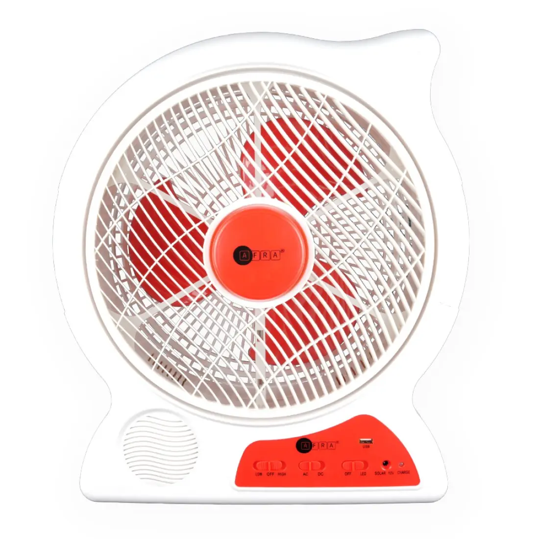 AFRA 12” Rechargeable USB AC/DC Fan AF-2301RECF – White/Red, 4500mAh Battery, Portable & Multi-Power Use