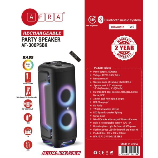 AFRA Party Speaker, 300 Watts, 24kg, Black, 15A Battery, Integrated FM Radio, Karaoke Mic, AF-300PSBK, 2 Years Warranty - Image 6