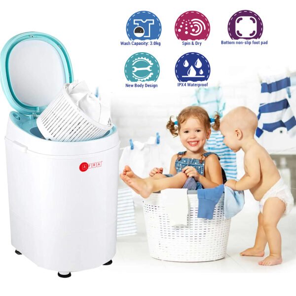 AFRA Baby Washing Machine 3kg – Single Tub with Spin, White, AF-3024BWST - Image 2