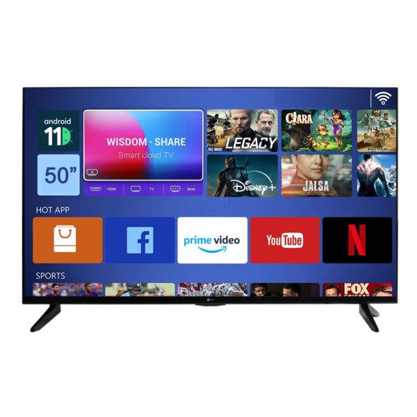 AFRA 50-inch 4K UHD Smart TV, Frameless, LED, Android 11, HDMI, USB, VGA, PC & Game Console Connection, Internet, Streaming, Netflix, Hulu, YouTube, Prime Video, AF-50114KBK, 2 Years Warranty.