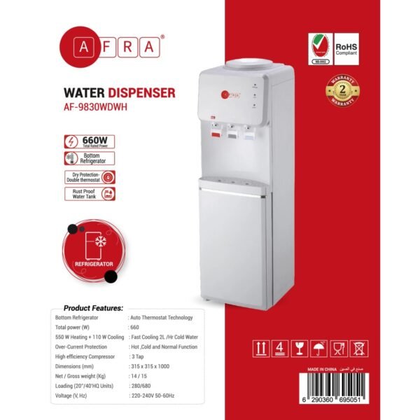 AFRA Top Loading Water Dispenser with Bottom Refrigerator 3 Tap Heating Power 550w Cooling Power 100w White, Dry Protection-Double thermostat, Rust Proof Water Tank, AF-9830WDWH, 2 Year Warranty - Image 5