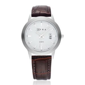 AFRA Lumen Gentleman?s Watch, Silver Stainless Steel Case, Time & Date, Leather Strap, Water Resistant 30m