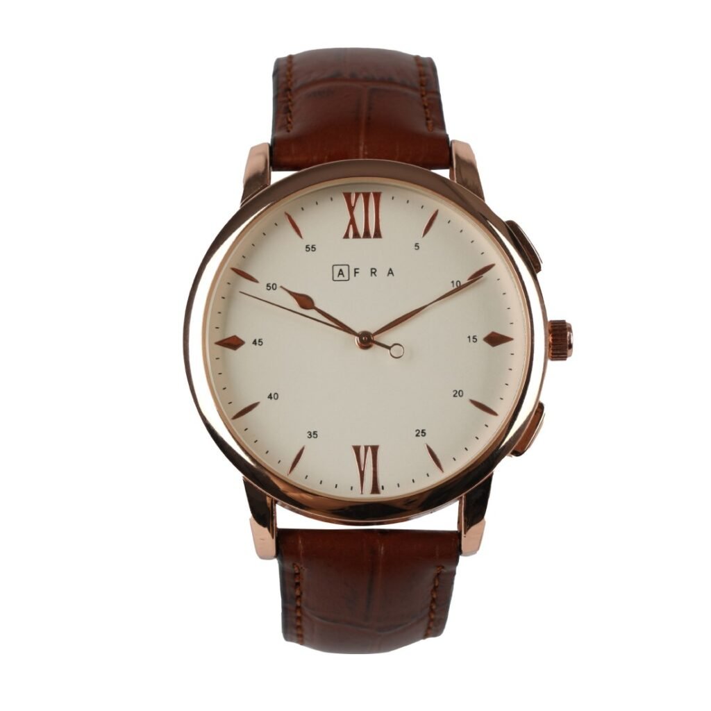 AFRA Dazzler Gents Watch | Rose Gold Case | White Dial | Brown Leather Strap | AF10302