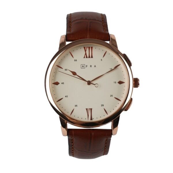 AFRA Dazzler Gents Watch | Rose Gold Case | White Dial | Brown Leather Strap | AF10302