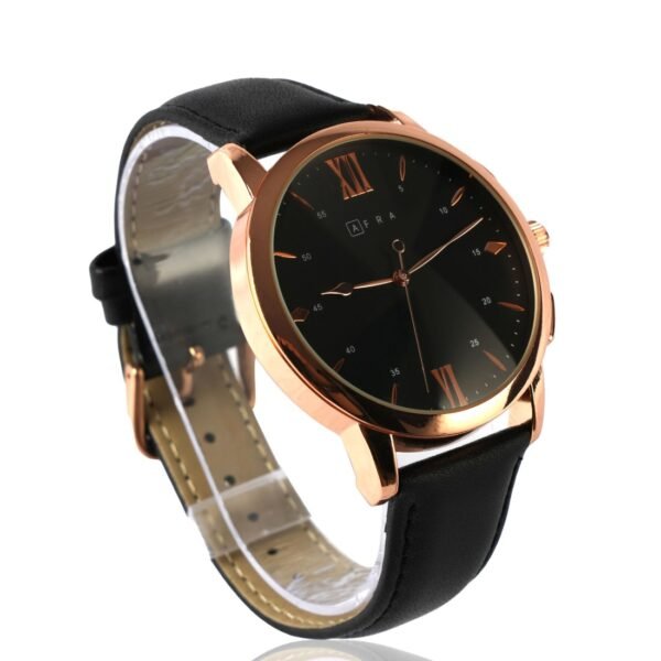 AFRA DAZZLER GENTS WATCH ROSE GOLD CASE BLACK DIAL BLACK LEATHER - Image 2