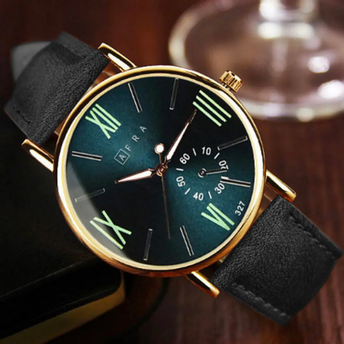 AFRA Triton Gents Watch | Rose Gold Case | Blue Dial | Black Leather Strap | Model AF10803 - Image 2