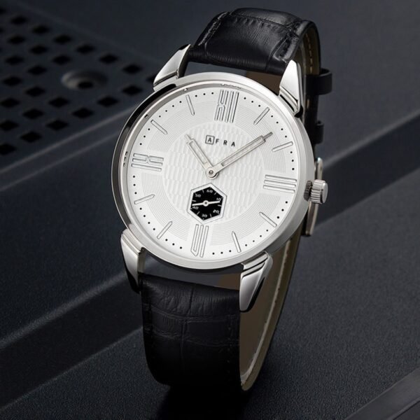 AFRA MOMENT GENTS WATCH SILVER CASE WHITE DIAL BLACK LEATHER - Image 2