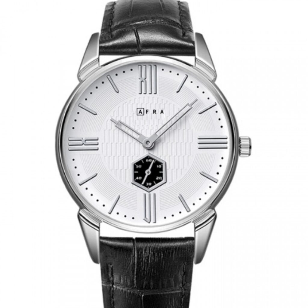 AFRA Moment Gents Watch | Silver Case | White Dial | Black Leather Strap | Model AF11001