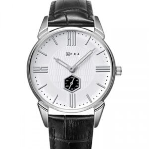 AFRA MOMENT GENTS WATCH SILVER CASE WHITE DIAL BLACK LEATHER