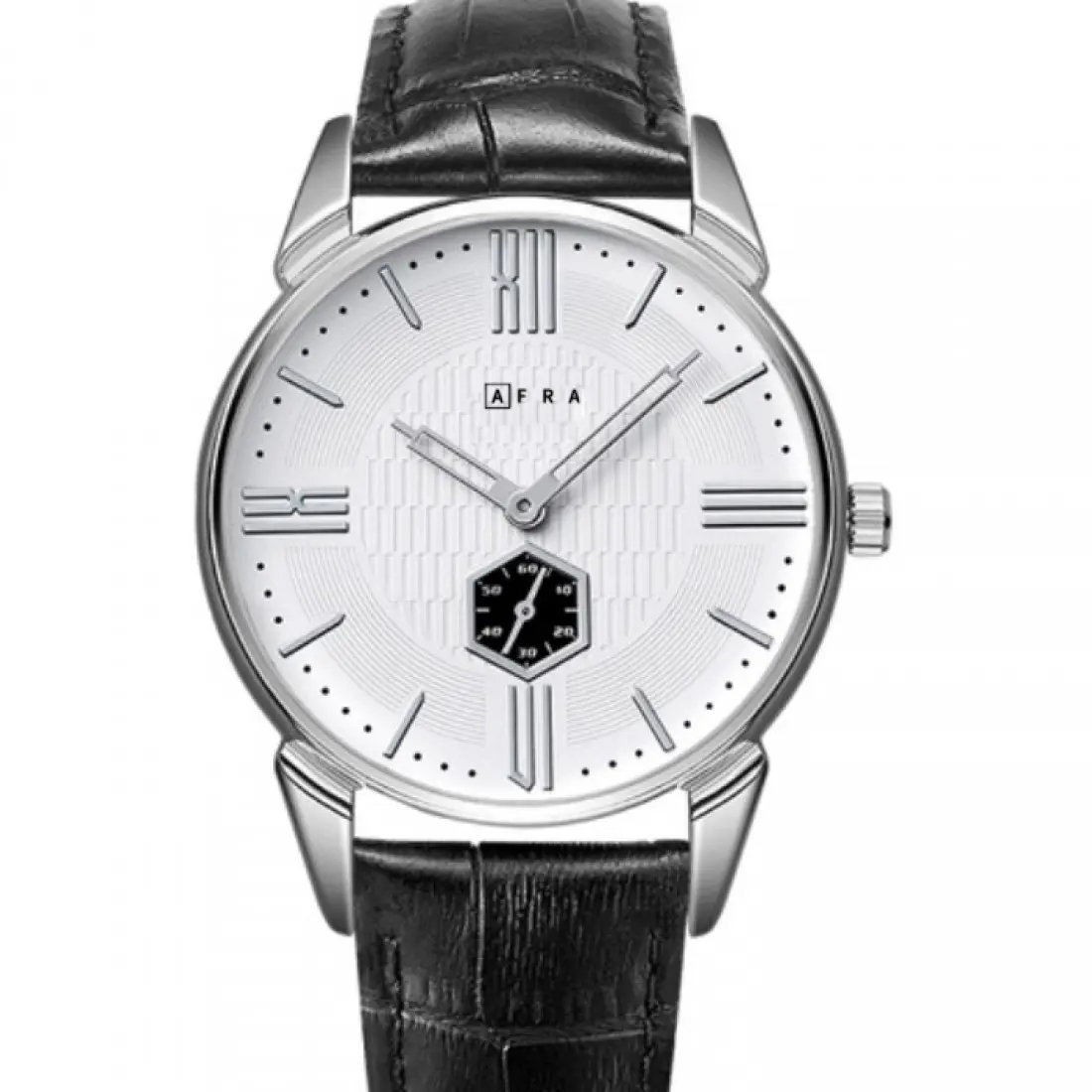 AFRA Moment Gents Watch | Silver Case | White Dial | Black Leather Strap | Model AF11001