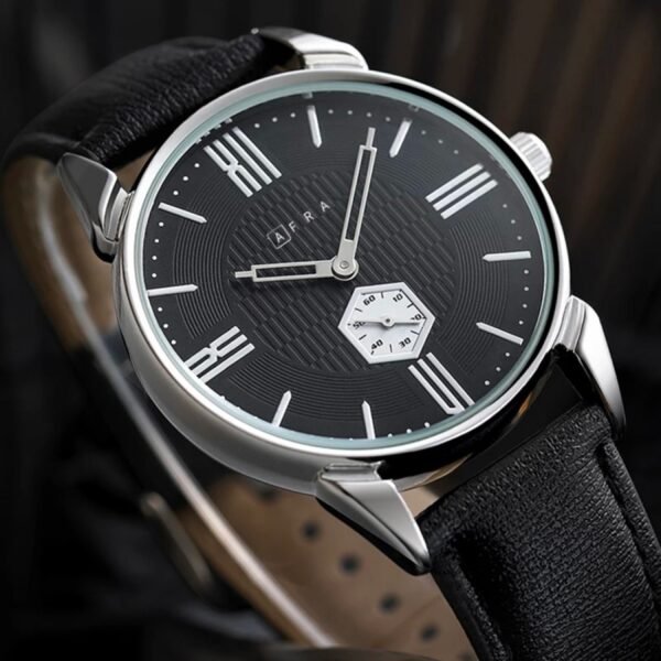 AFRA MOMENT GENTS WATCH SILVER CASE BLACK DIAL BLACK LEATHER - Image 3