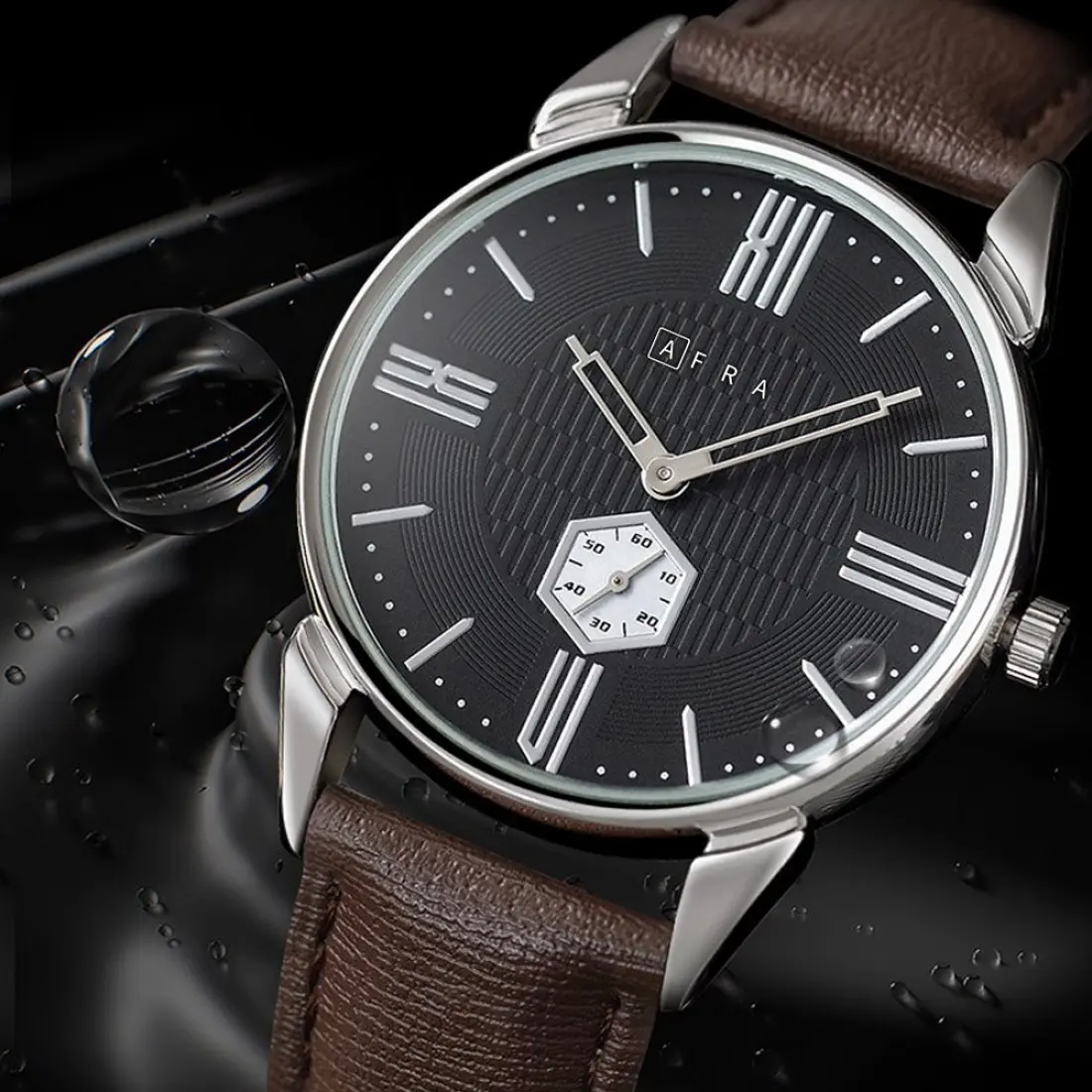 AFRA Moment Gents Watch | Silver Case | Black Dial | Brown Leather Strap | Model AF11003 - Image 2