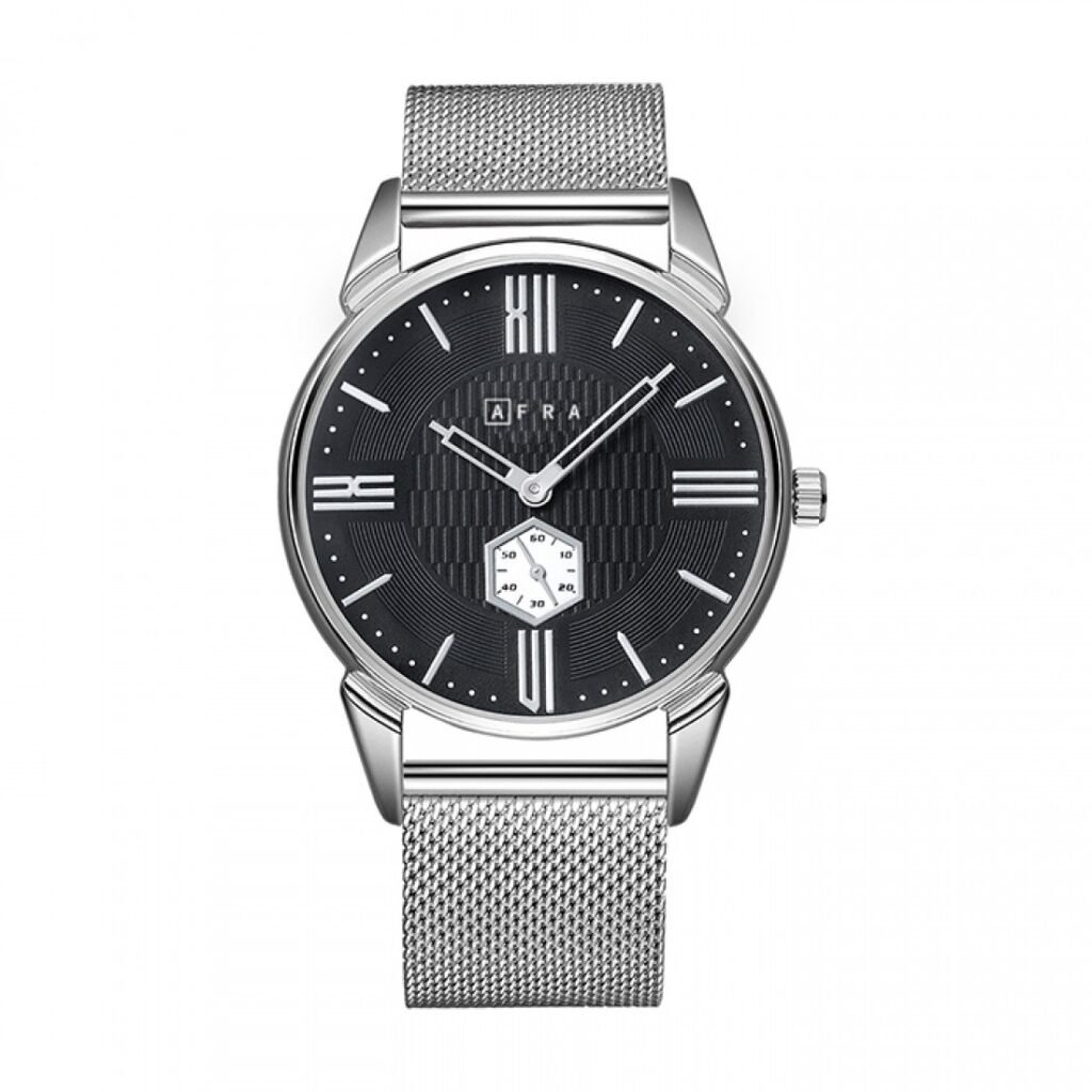 AFRA Moment Gents Watch | Silver Case | Black Dial | Silver Mesh Bracelet | Model AF11004