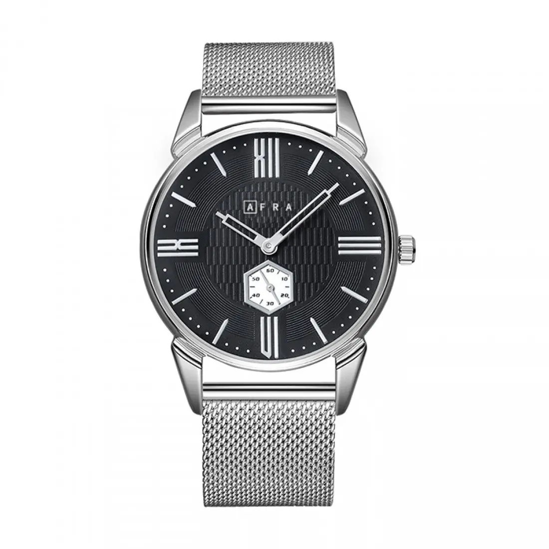 AFRA Moment Gents Watch | Silver Case | Black Dial | Silver Mesh Bracelet | Model AF11004