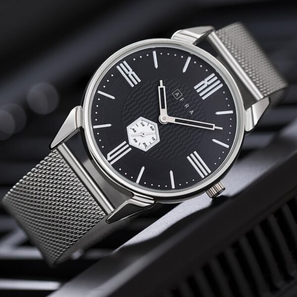 AFRA Moment Gents Watch | Silver Case | Black Dial | Silver Mesh Bracelet | Model AF11004 - Image 2