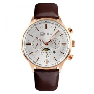 AFRA CRESCENT GENTS WATCH ROSE GOLD CASE WHITE DIAL BROWN LEATHER