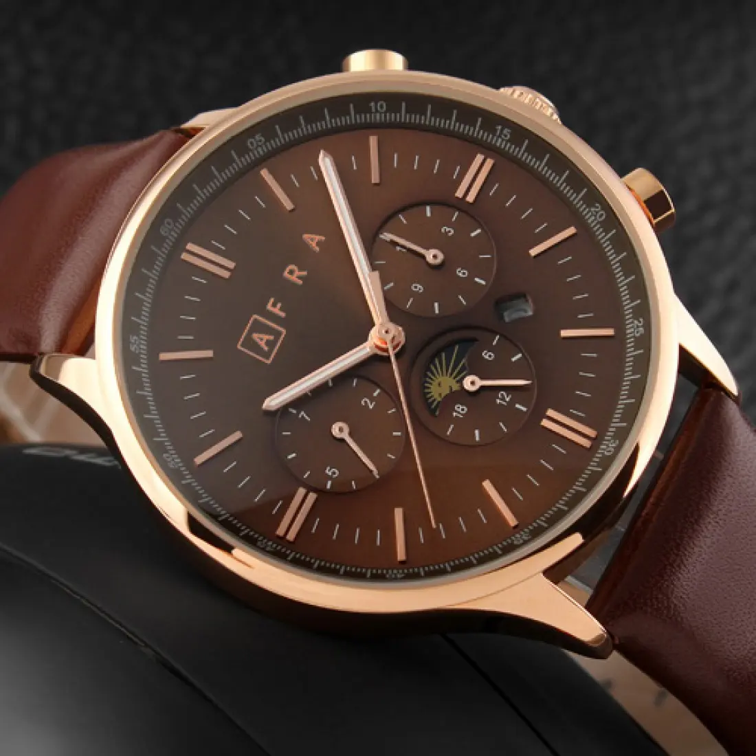 AFRA Crescent Gents Watch | Rose Gold Case | Brown Dial | Brown Leather Strap | Model AF11102 - Image 2