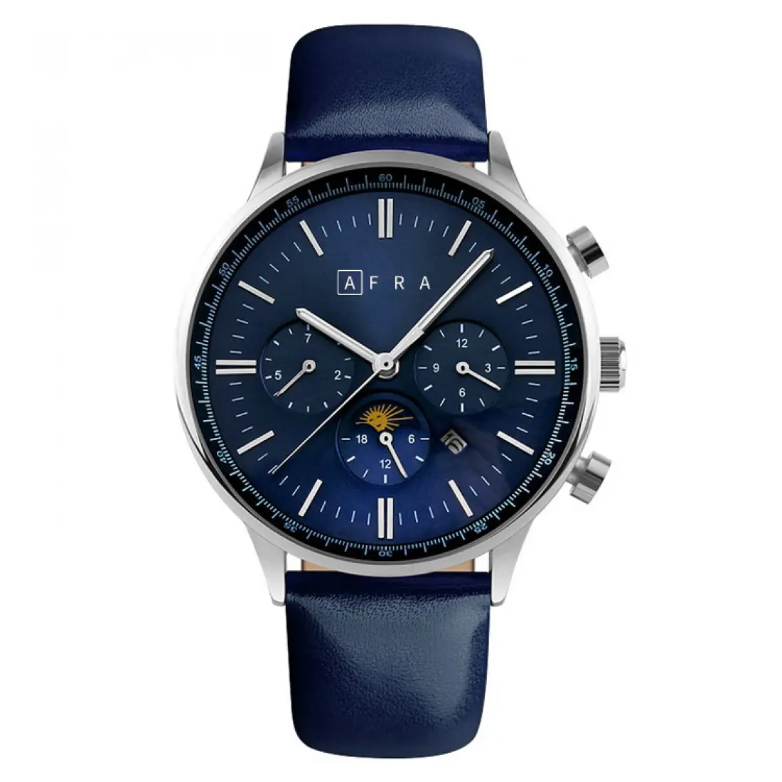 AFRA Crescent Gents Watch | Silver Case | Blue Dial | Blue Leather Strap | Model AF11104