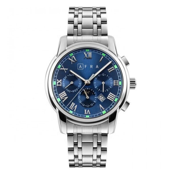 AFRA MOONSTONE GENTS WATCH SILVER CASE BLUE DIAL SILVER BRACELET