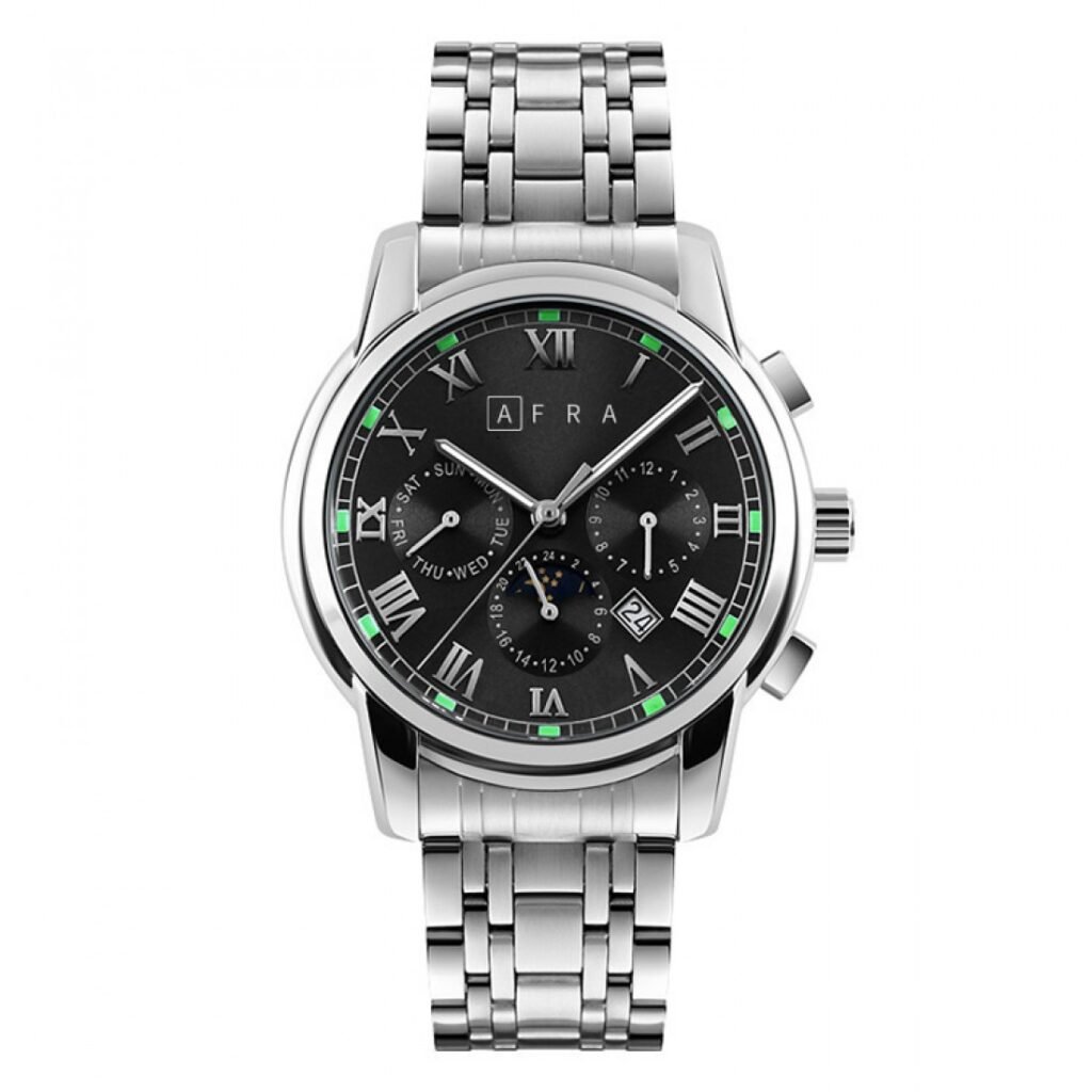 AFRA Moonstone Gents Watch | Silver Case | Black Dial | Silver Bracelet | Model AF11203