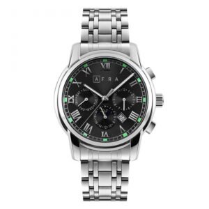 AFRA MOONSTONE GENTS WATCH SILVER CASE BLACK DIAL SILVER BRACELET