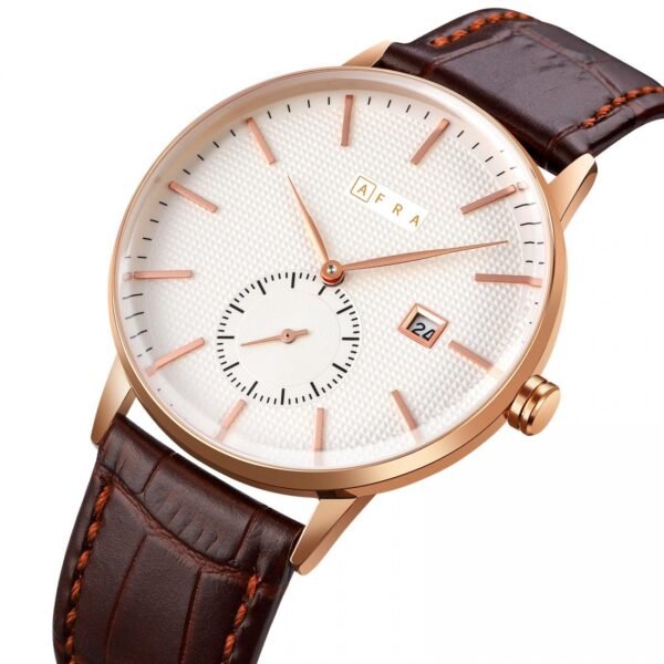 AFRA RADIUS GENTS WATCH ROSE GOLD CASE WHITE DIAL BROWN LEATHER - Image 3