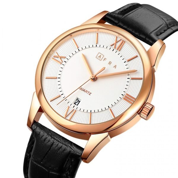 AFRA OBERON GENTS WATCH ROSE GOLD CASE WHITE DIAL BLACK LEATHER - Image 3