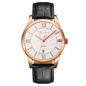 AFRA OBERON GENTS WATCH ROSE GOLD CASE WHITE DIAL BLACK LEATHER