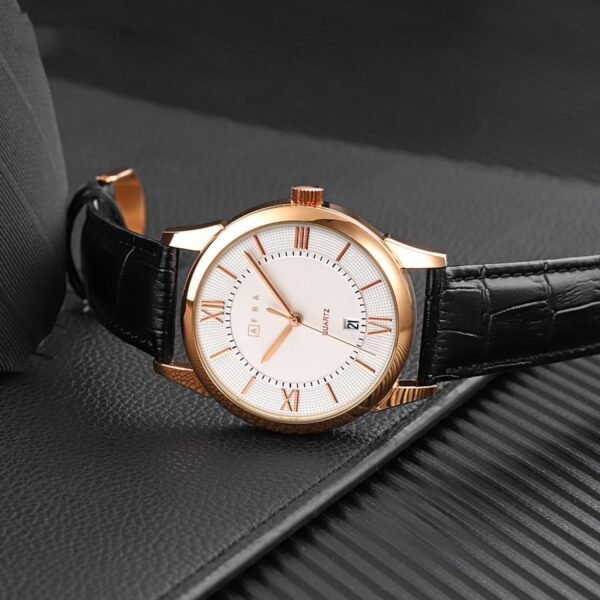 AFRA OBERON GENTS WATCH ROSE GOLD CASE WHITE DIAL BLACK LEATHER - Image 2