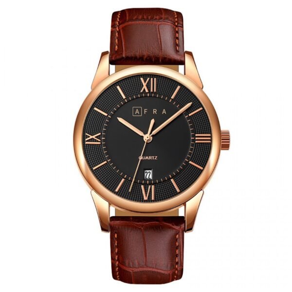 AFRA OBERON GENTS WATCH ROSE GOLD CASE BLACK DIAL BROWN LEATHER