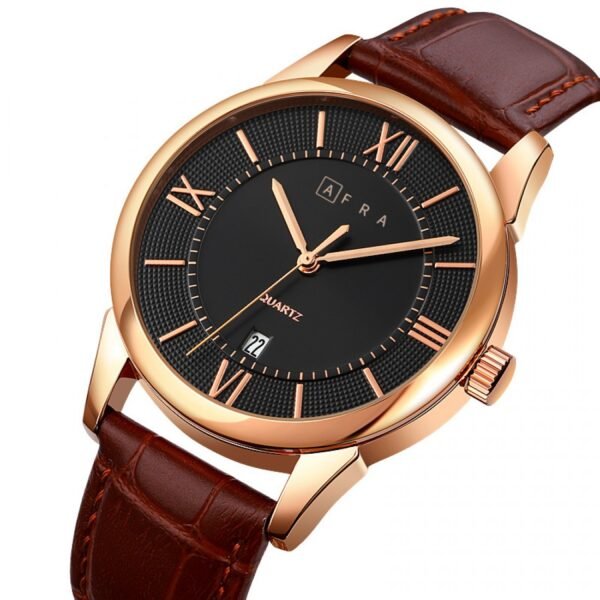 AFRA OBERON GENTS WATCH ROSE GOLD CASE BLACK DIAL BROWN LEATHER - Image 2