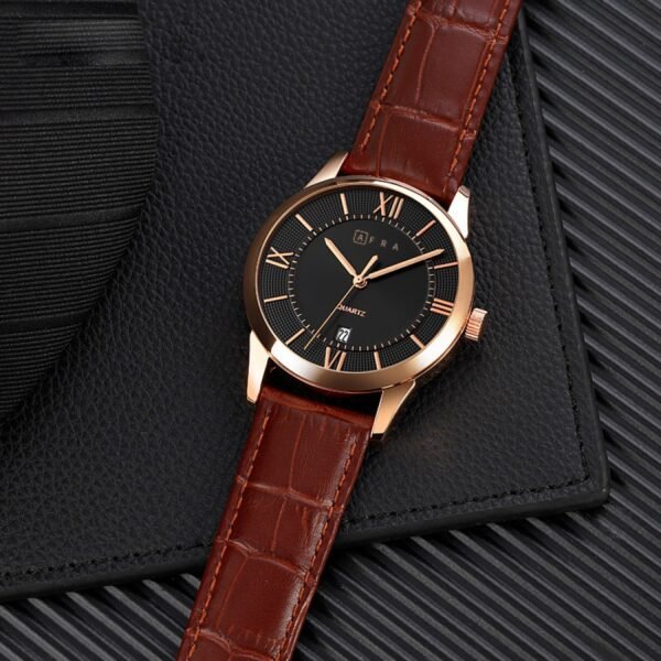 AFRA OBERON GENTS WATCH ROSE GOLD CASE BLACK DIAL BROWN LEATHER - Image 3