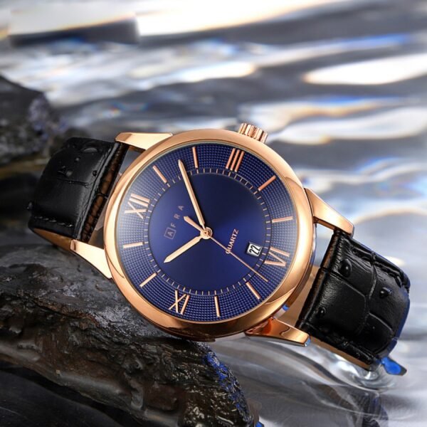 AFRA OBERON GENTS WATCH ROSE GOLD CASE BLUE DIAL BLACK LEATHER - Image 3