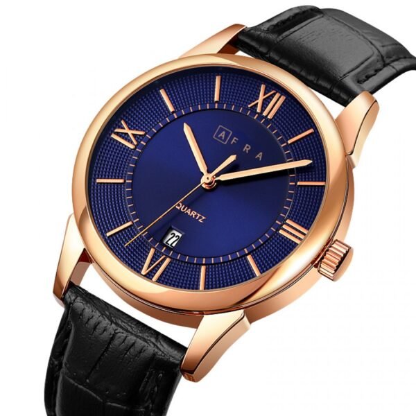 AFRA OBERON GENTS WATCH ROSE GOLD CASE BLUE DIAL BLACK LEATHER - Image 2