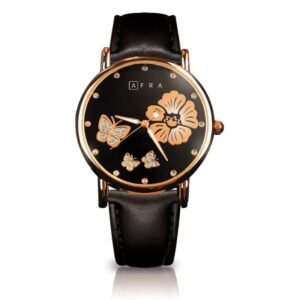 AFRA Elanor Ladies Watch, Lightweight Rose Gold Metal Case, Leather Strap, Water Resistant 30m